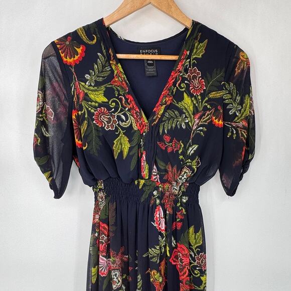 EnFocus Studio Boho Maxi Dress Womens 6 Navy Blue Chiffon Floral Print Polyester - Picture 2 of 9